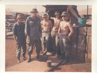(L to R)  "Eddy Zak", Rupert, Dave Hess, Mike Abraham & Pete Petras  at entrance of underground personnel bunker - Quan Loi 1969